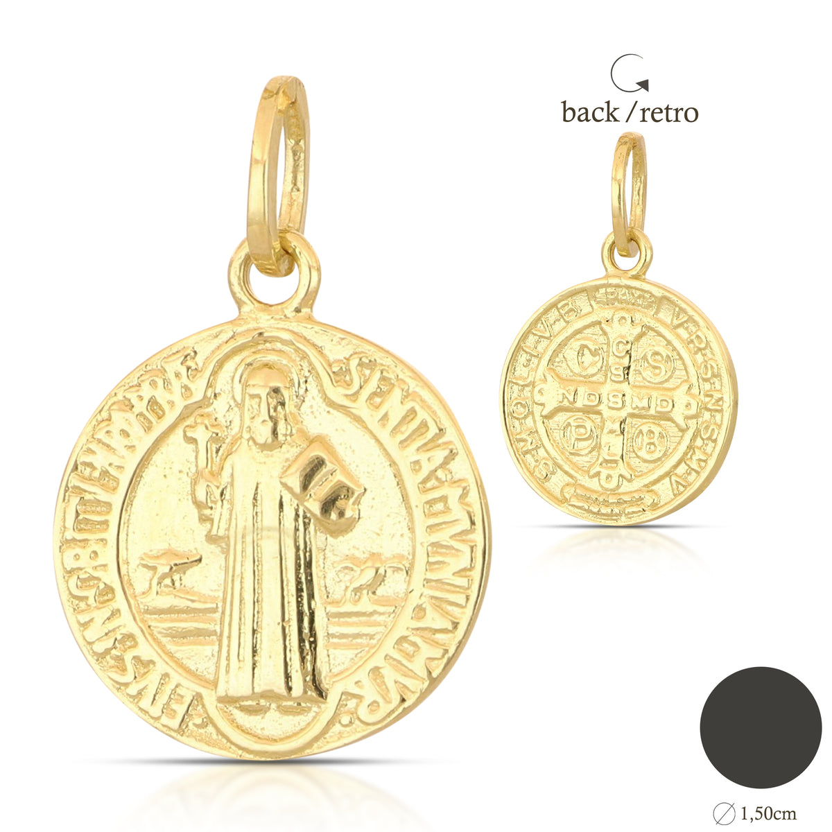 Medaglia San Benedetto mis. 2 oro giallo 18kt Ø 1,5cm