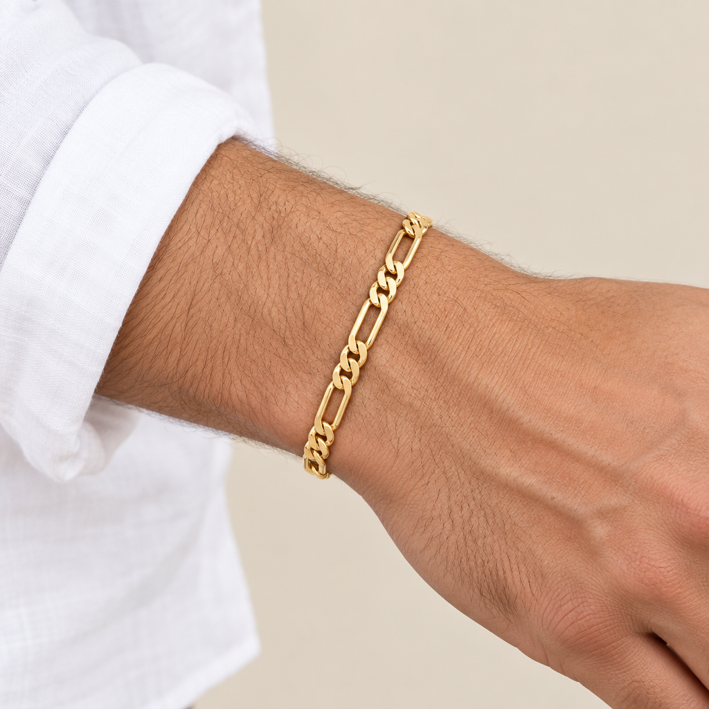 Bracciale figaro 3+1 vuoto oro giallo 18kt 7mm 20cm indossato