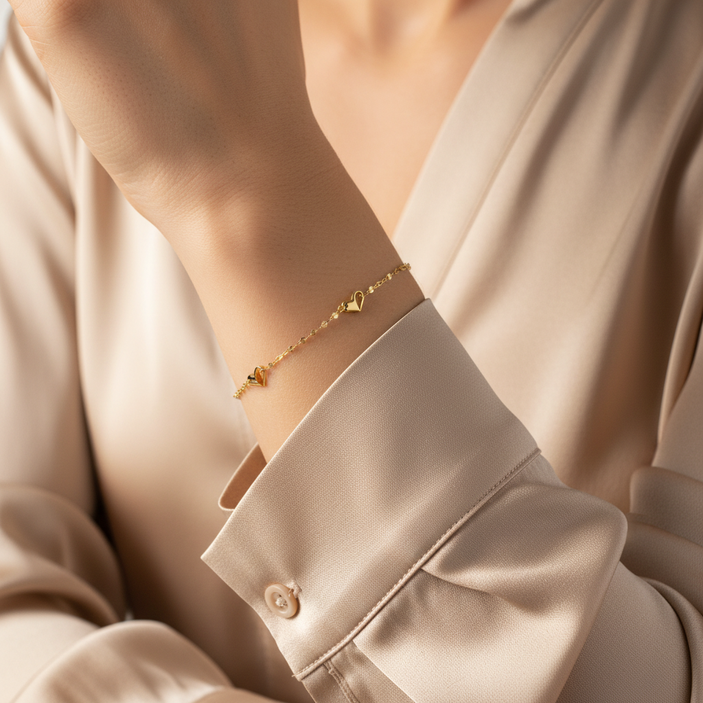 Bracciale fogliolina cuoricini indossato
