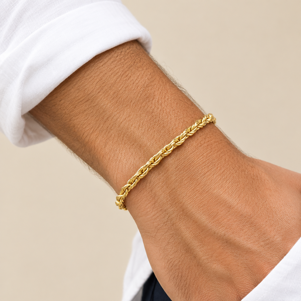 Bracciale fune vuoto oro giallo 18kt 4,6mm 19cm indossato