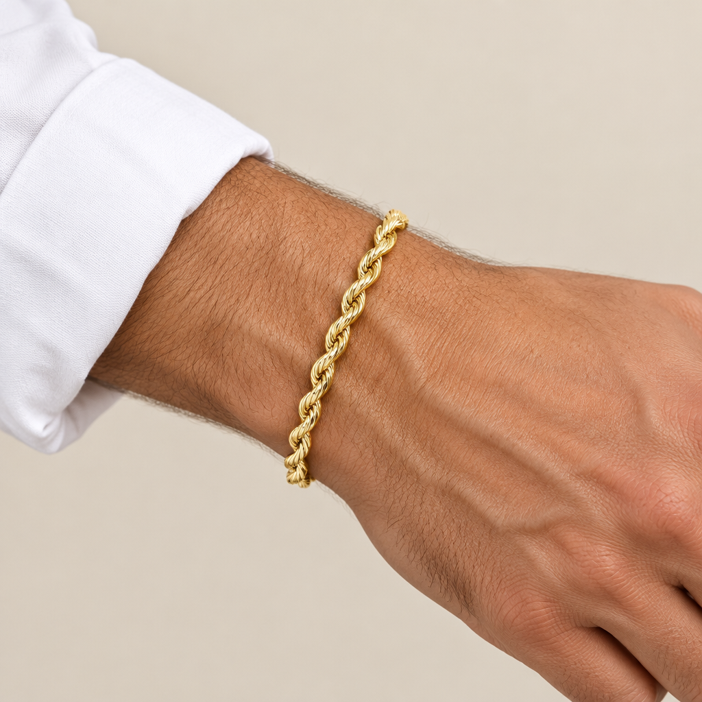 Bracciale fune vuoto oro giallo 18kt 5,2mm 19cm indossato