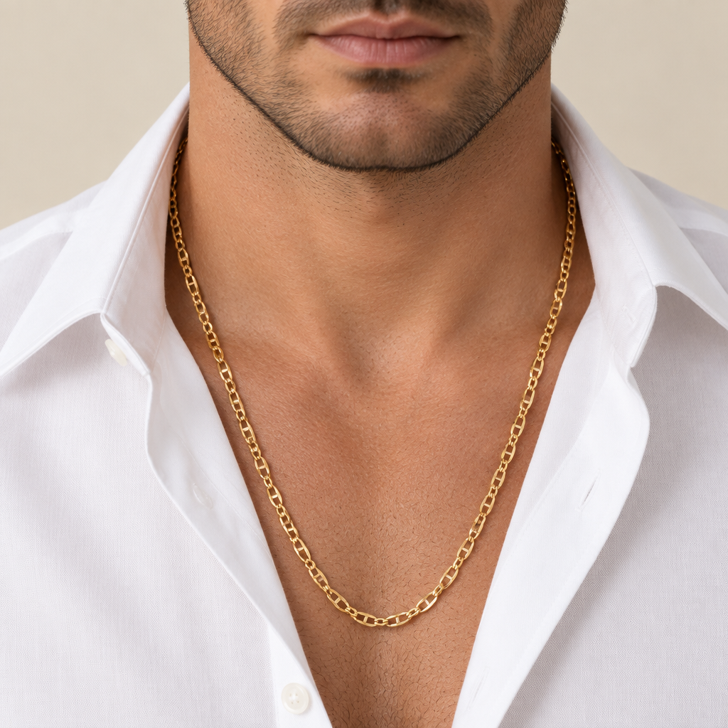 Catena maglia marina vuota oro giallo 18kt 3mm 60cm indossata
