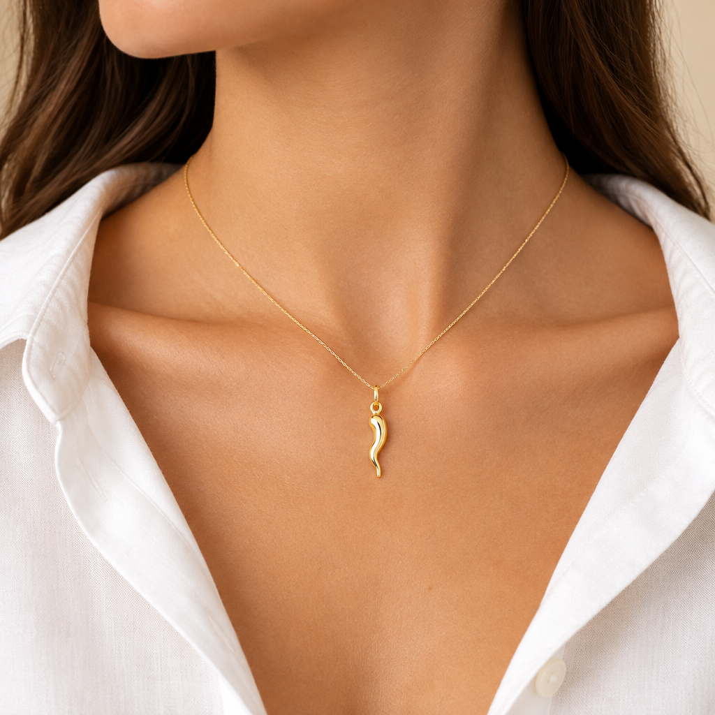 Pendente corno napoletano mis. 2 oro giallo 18kt indossato