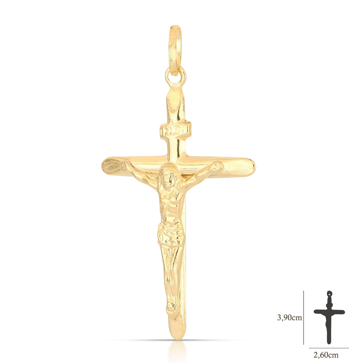 Croce stampata con Cristo oro giallo 18kt 2,6x3,9cm