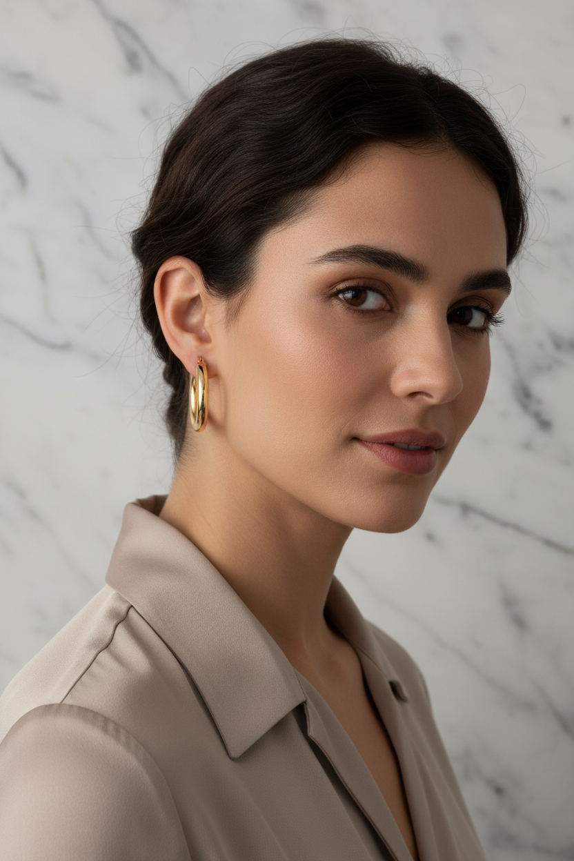 Donna con cerchi a canna tonda in oro 18kt