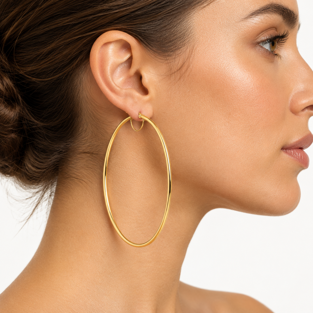 Orecchini a cerchio canna tonda 2mm oro giallo 18kt Ø 6cm indossato