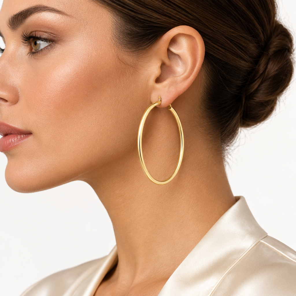 Orecchini a cerchio canna tonda 3mm oro giallo 18kt Ø 6cm indossato