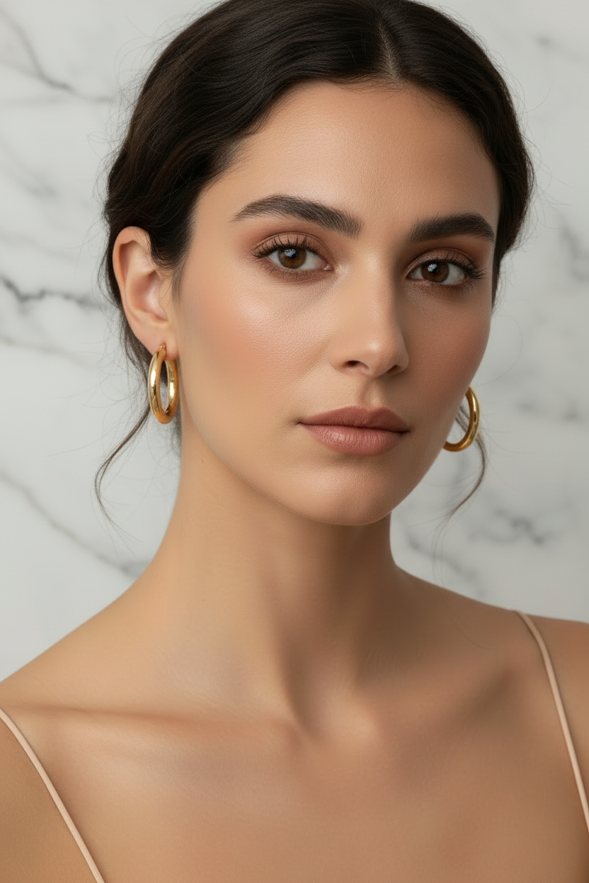 Donna con cerchi a canna tonda oro 18kt - diametro 2cm, spessore 4mm