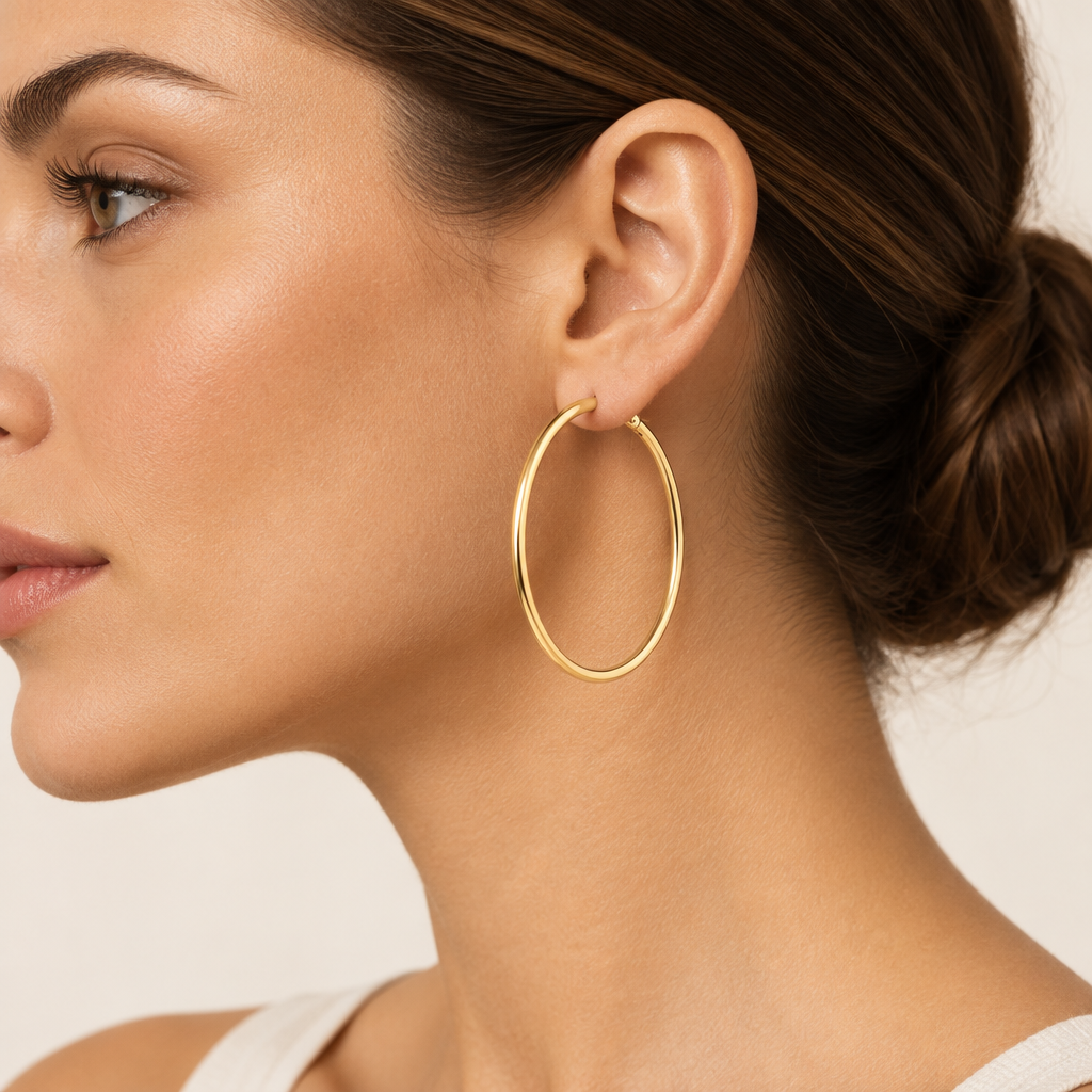 Orecchini a cerchio canna tonda 2mm oro giallo 18kt Ø 4cm indossato