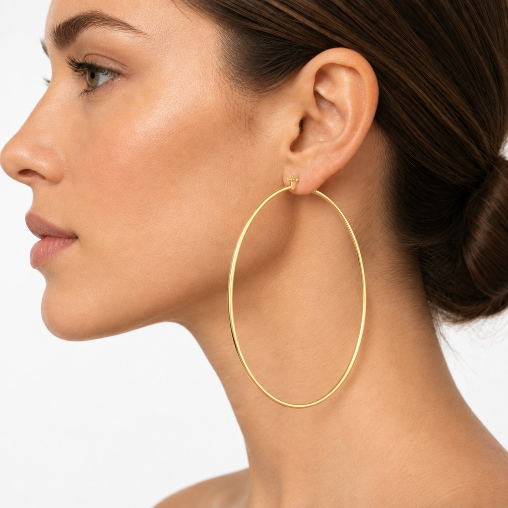 Orecchini a cerchio canna tonda 1,5mm oro giallo 18kt Ø 7cm indossato