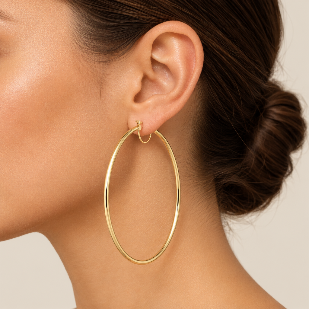 Orecchini a cerchio canna tonda 2mm oro giallo 18kt Ø 7cm indossato