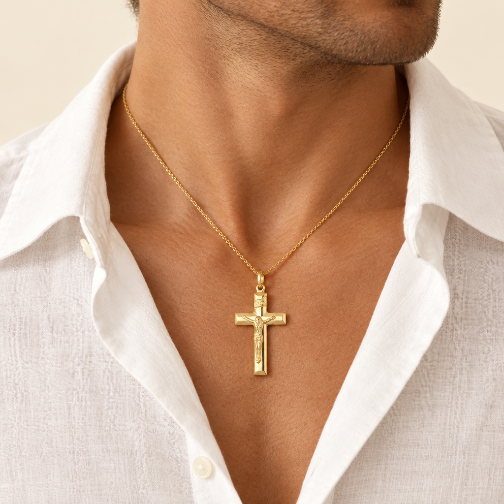 Croce scatolata con Cristo oro giallo 18kt 1,7x2,5cm indossato