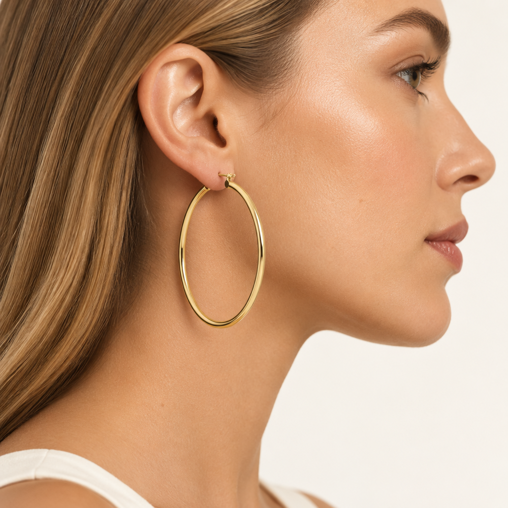 Orecchini a cerchio canna tonda 3mm oro giallo 18kt Ø 5cm indossato