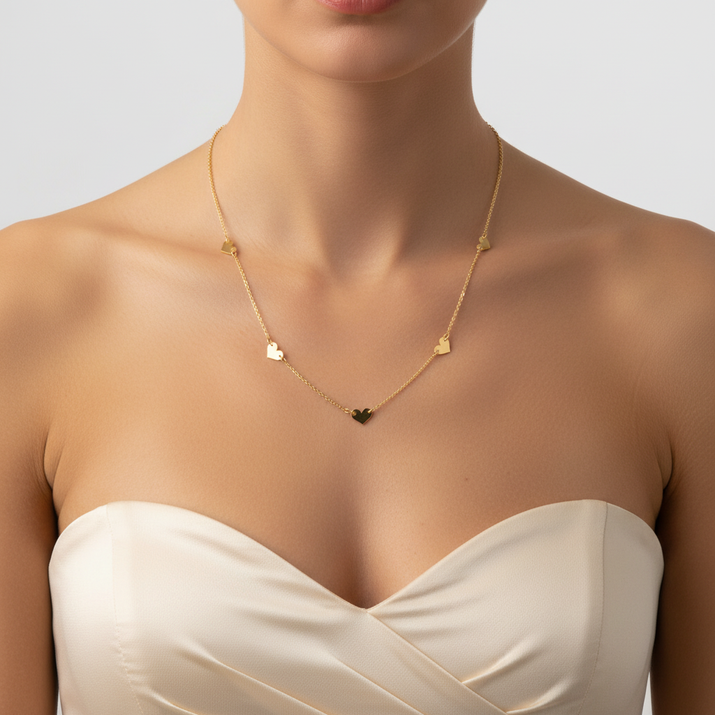 Girocollo 5 cuori a lastra oro giallo 18kt indossato donna Alternati