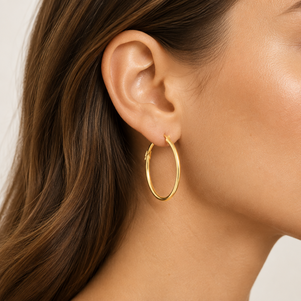 Orecchini a cerchio canna tonda 2mm oro giallo 18kt Ø 3cm indossato