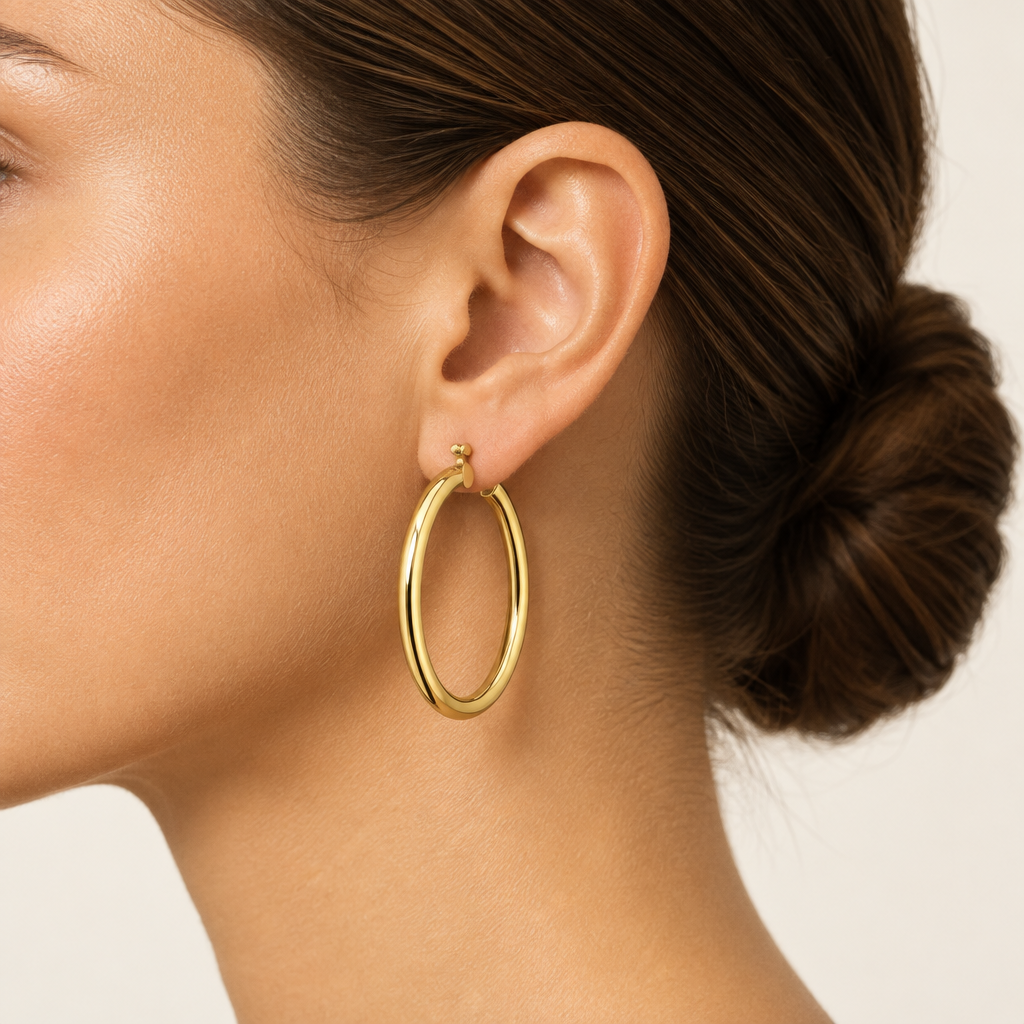 Orecchini a cerchio canna tonda 3mm oro giallo 18kt Ø 3cm indossato