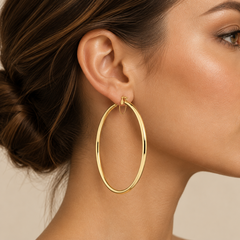 Orecchini a cerchio canna tonda 3mm oro giallo 18kt Ø 7cm indossato