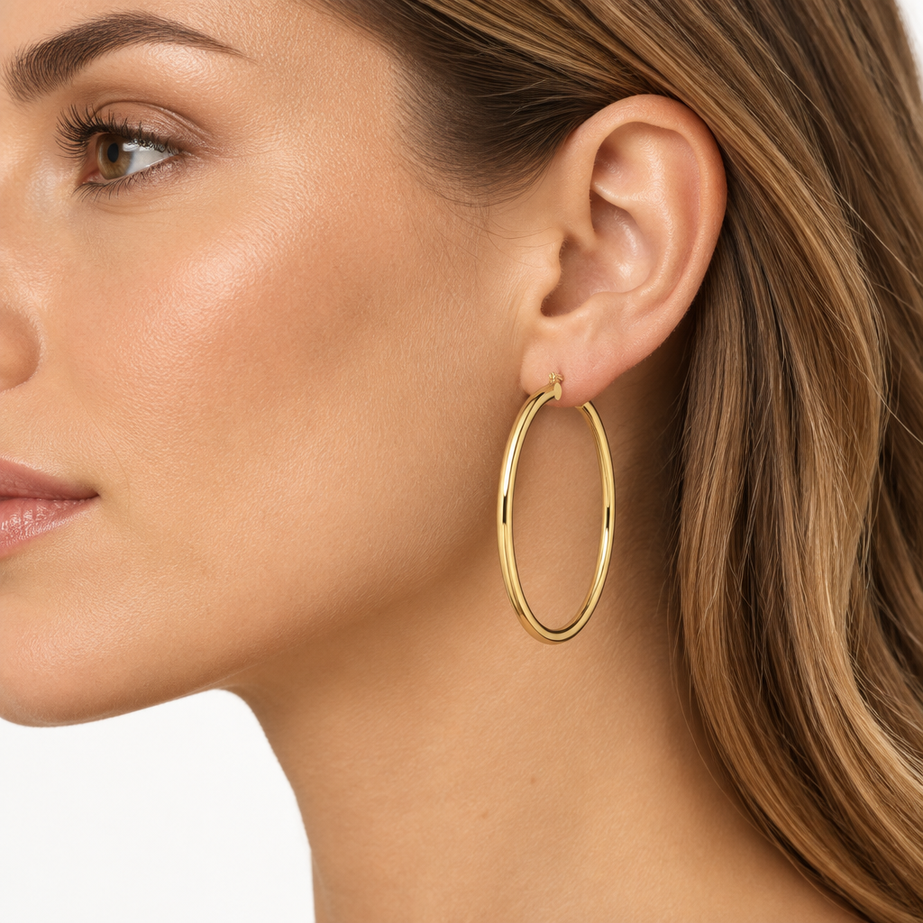Orecchini a cerchio canna tonda 3mm oro giallo 18kt Ø 4cm indossato