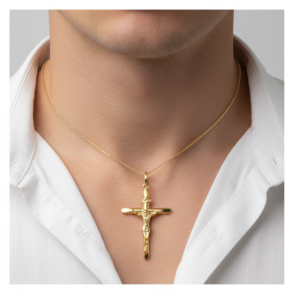 Croce con Cristo scatolata oro 18kt indossata
