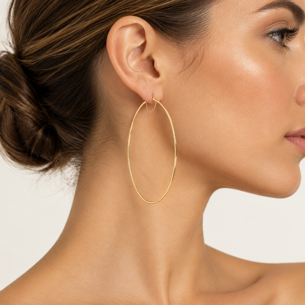 Orecchini a cerchio canna tonda 1,5mm oro giallo 18kt Ø 5cm indossato