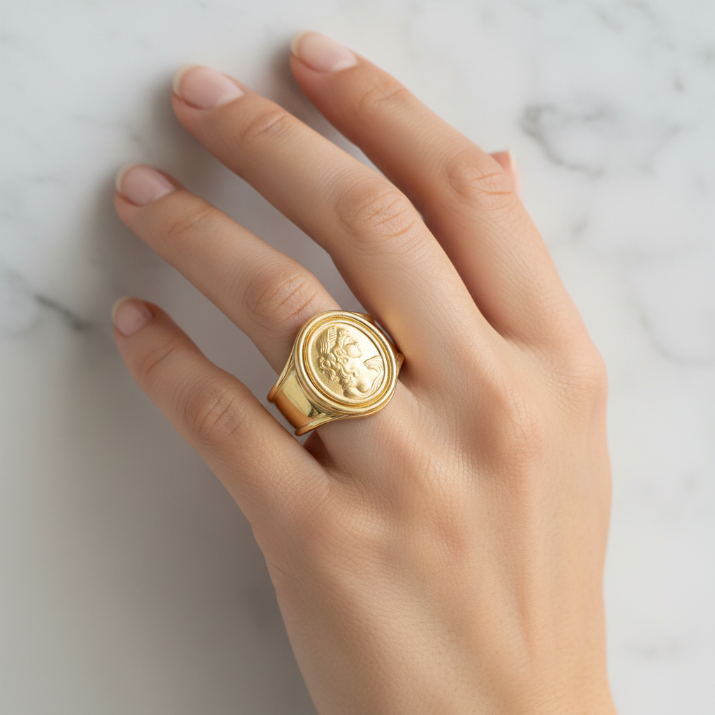 Mano con anello dea fascia larga oro giallo