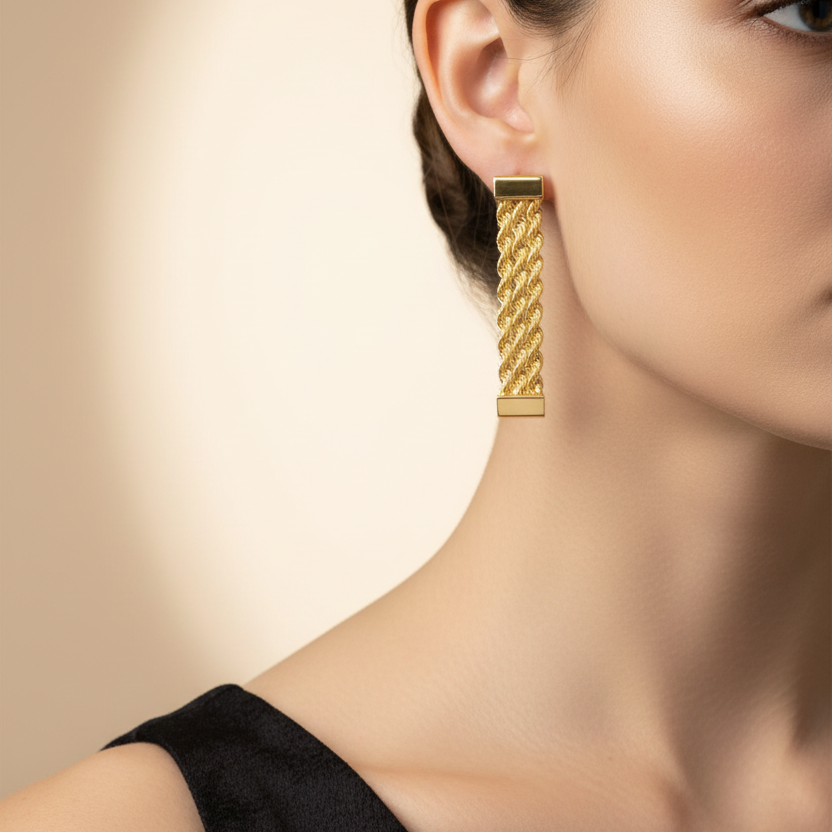 Orecchini pendenti fune 2 fili oro giallo 18kt 0,4x2,9cm indossato